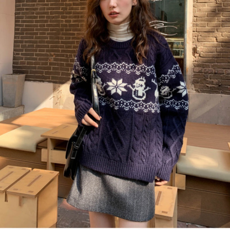 Damen Weihnachts-Pullover mit festlichem Zopfmuster und Schneemann-Motiv Drune