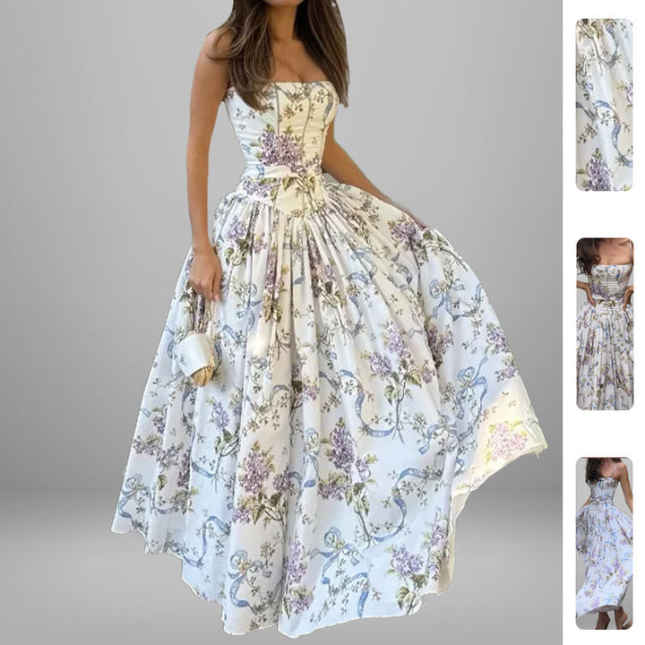 Damen Maxikleid mit floralen Mustern und gerafftem Oberteil Drune