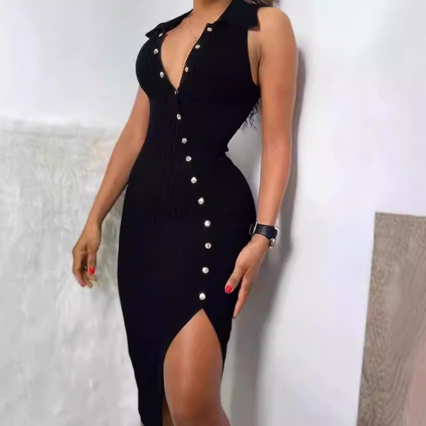 Damen Elegantes Kleid mit Knopfleiste und hohem Schlitz Drune