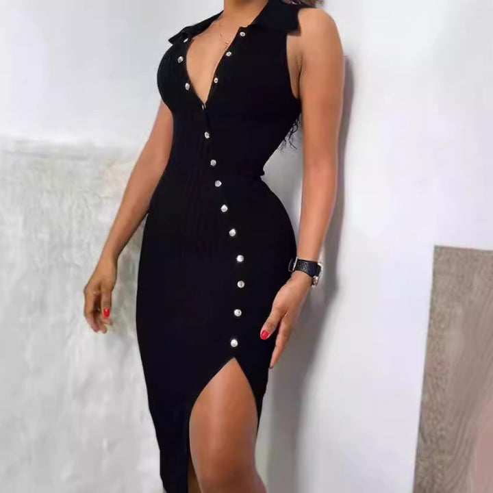 Damen Elegantes Kleid mit Knopfleiste und hohem Schlitz Drune