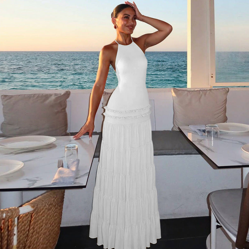 Damen Elegantes Spaghetti-Träger Maxikleid mit Rüschendetails Drune