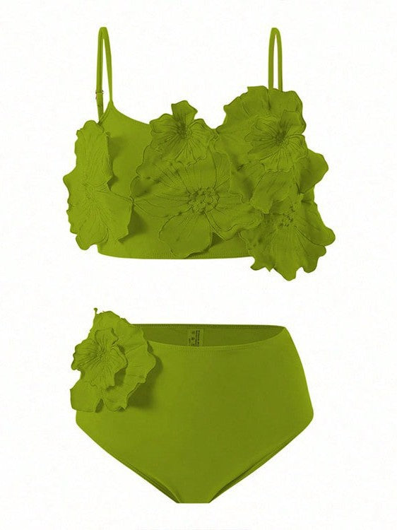 Damen Bikini-Set mit floralem 3D-Design und hochgeschnittenem Unterteil Drune