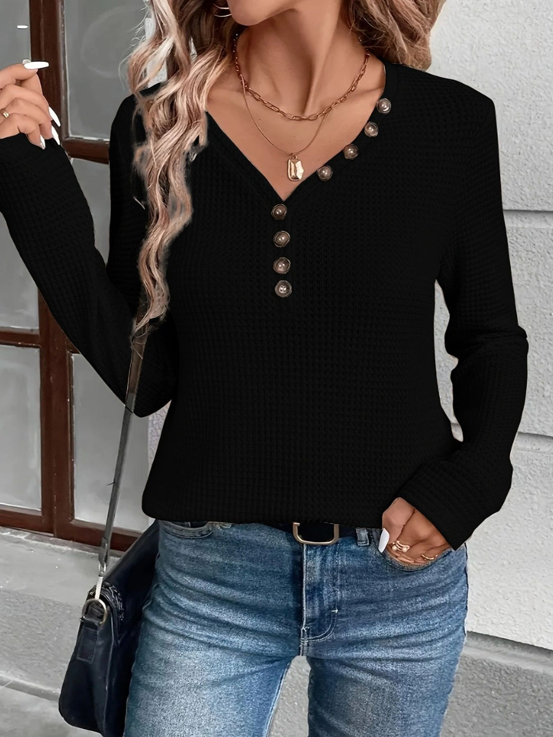 Damen Waffelstruktur Langarmshirt mit Knopfleiste Drune