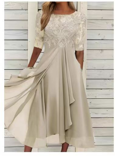 Damen Elegantes Midikleid mit Spitzenärmeln und schwingendem Rock Drune