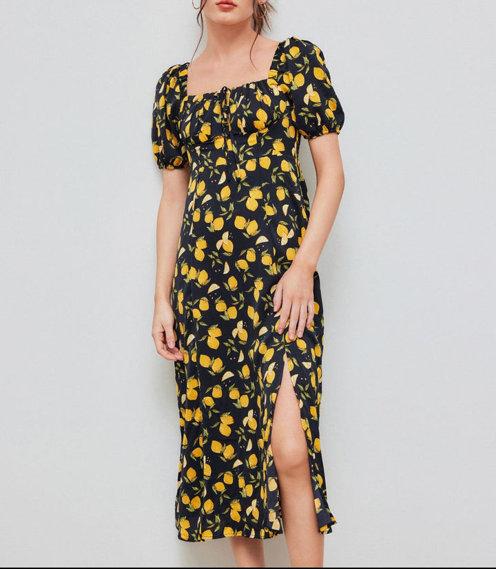 Damen Maxikleid mit pflanzlichem Muster und raffiniertem Schlitz Drune