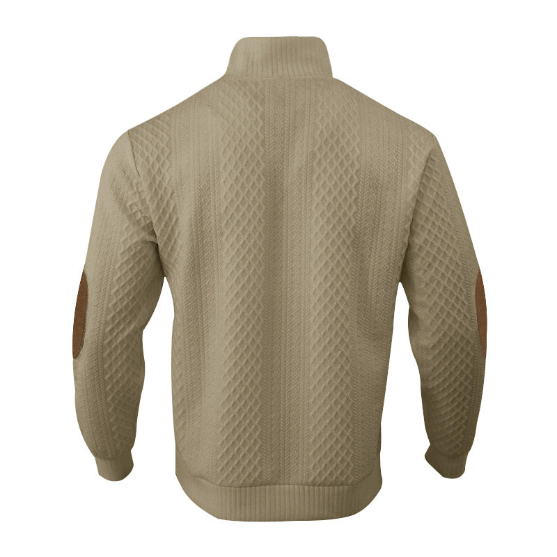 Herren nan Grobgestrickter Pullover mit Ellbogenpatches, Stehkragen und Knopfleiste Drune