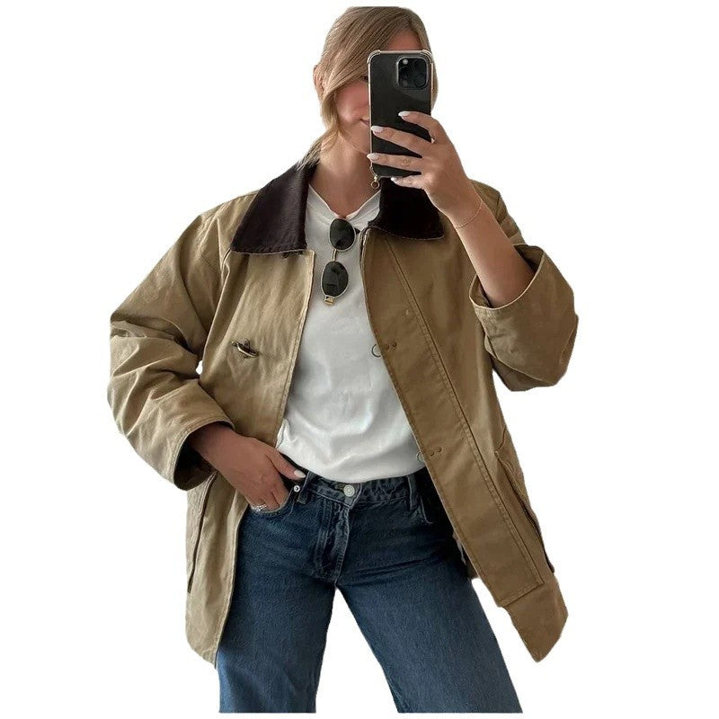Damen Modische Baumwolljacke mit abnehmbarem Kragen Drune