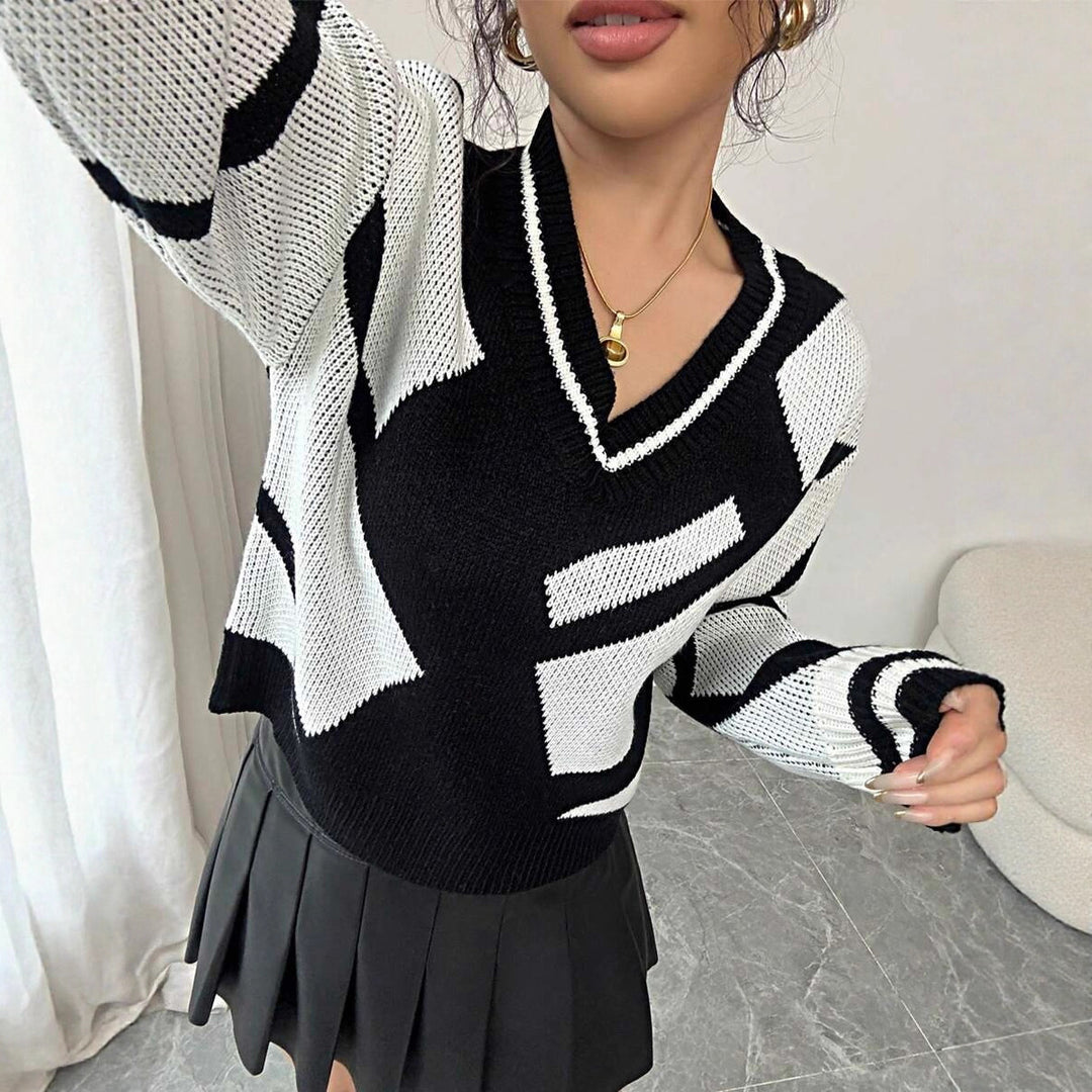 Damen moderner Strickpullover mit V-Ausschnitt und grafischem Muster Drune