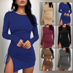 Damen Kleid mit langem Ärmel und seitlichem Raffung Drune