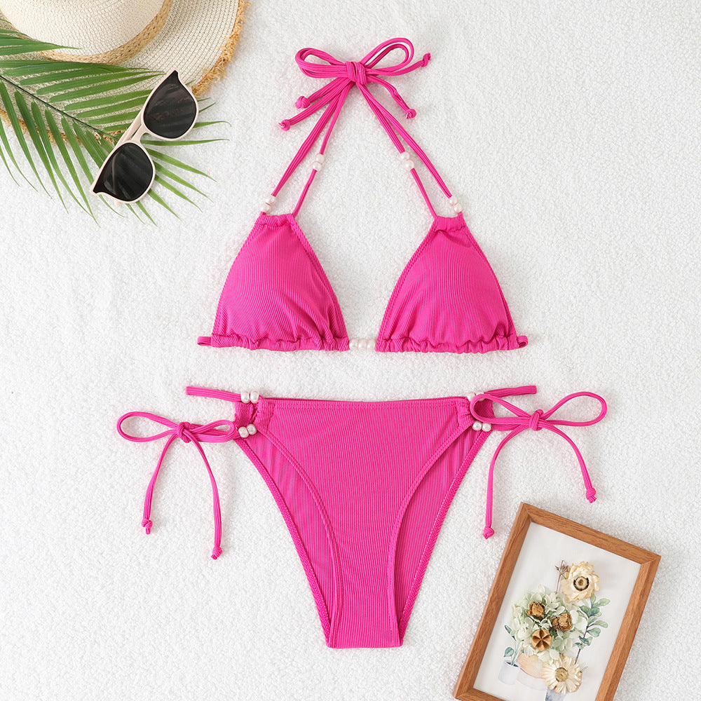 Damen Triangle-Bikini mit perlenschmückten Trägern und eleganter Raffung Drune