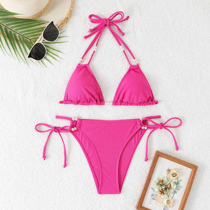 Damen Triangle-Bikini mit perlenschmückten Trägern und eleganter Raffung Drune