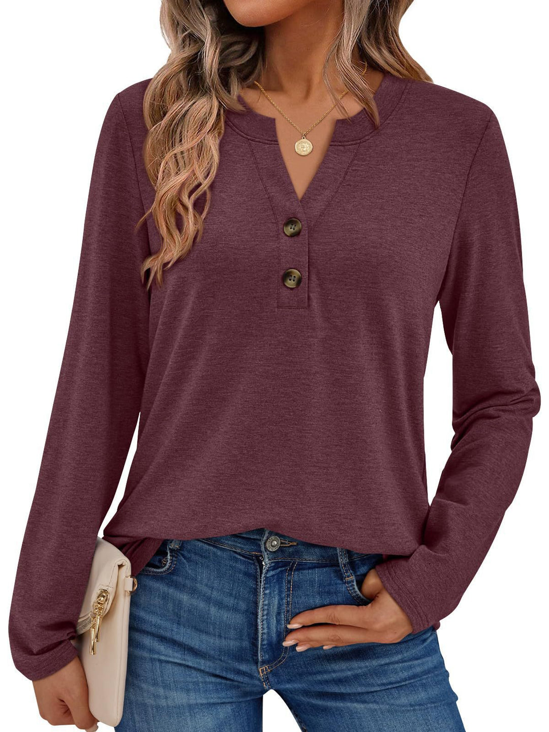Damen lässiges Langarmshirt mit Knopfdetail und Rundhalsausschnitt Drune