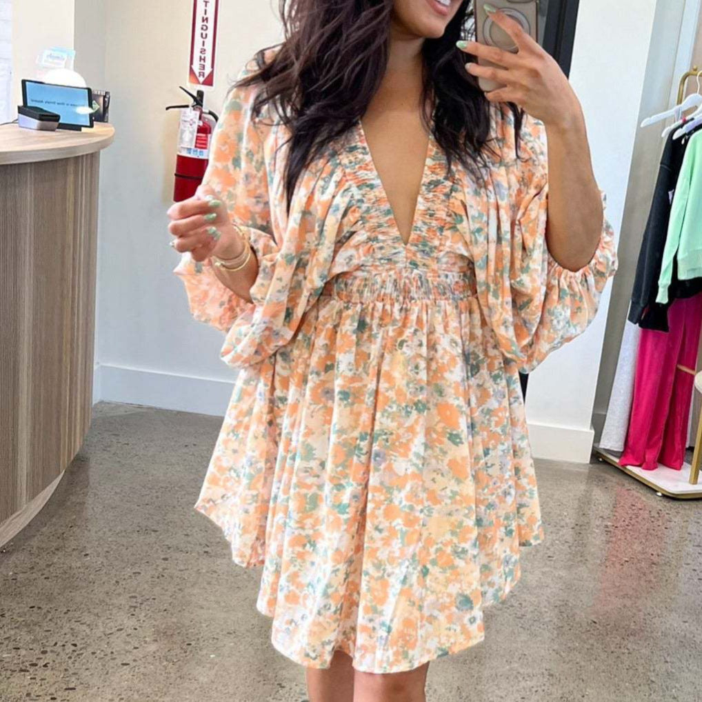 Damen leichtes Freizeitkleid mit voluminösen Ärmeln und V-Ausschnitt Drune