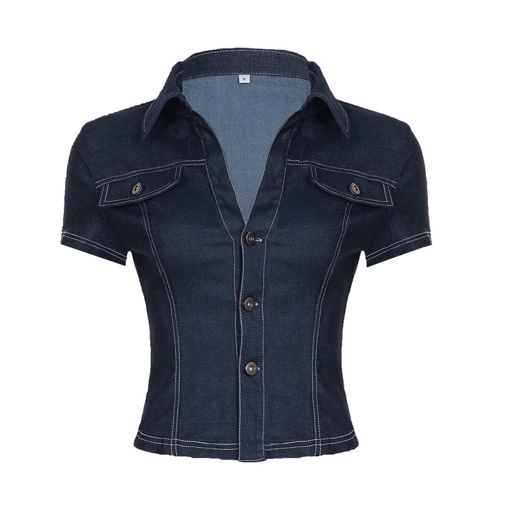 Damen Stylisches Jeanshemd mit taillierter Passform und kurzen Ärmeln Drune