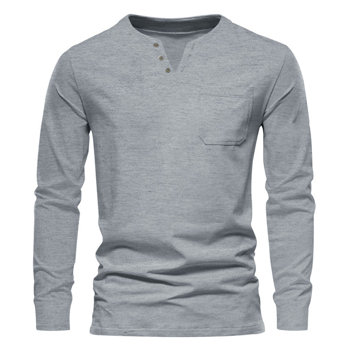 Herren nan modernes Henley-Langarmshirt mit asymmetrischer Knopfleiste und Brusttasche Drune