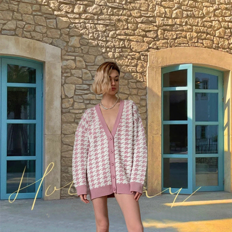 Damen stylischer Oversized-Strickcardigan mit klassischem Hahnentrittmuster Drune