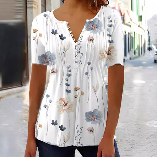 Damen nan leichtes V-Ausschnitt Blusenshirt mit Zierknopfleiste und dezent plissierter Vorderpartie Drune