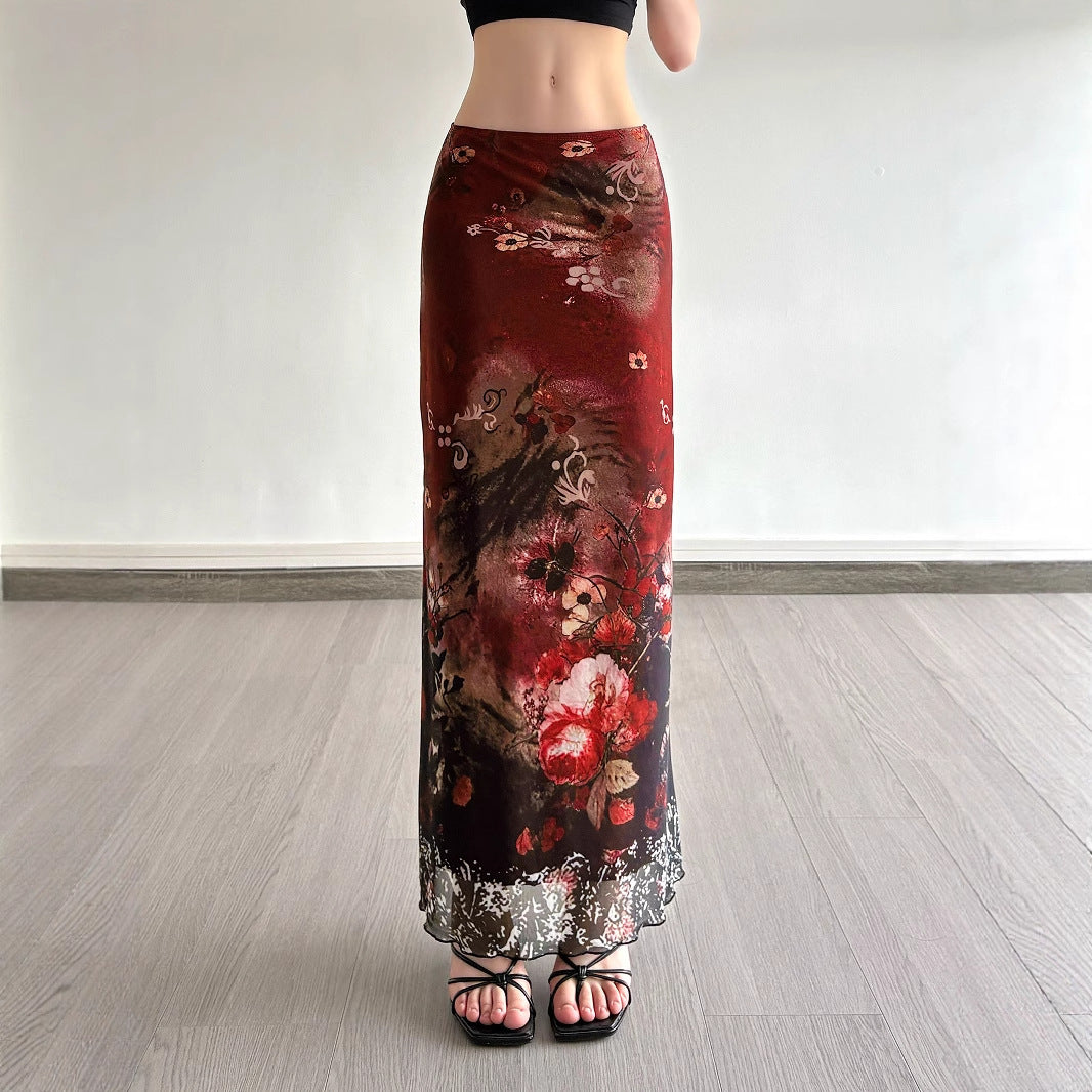 Damen Maxirock mit floralen Mustern und transparenter Spitze Drune