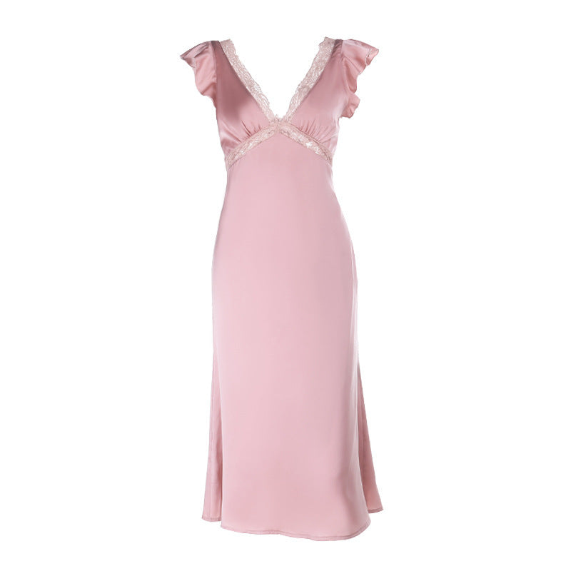 Damen Elegantes Maxikleid mit Spitzenverzierungen und tiefem V-Ausschnitt Drune