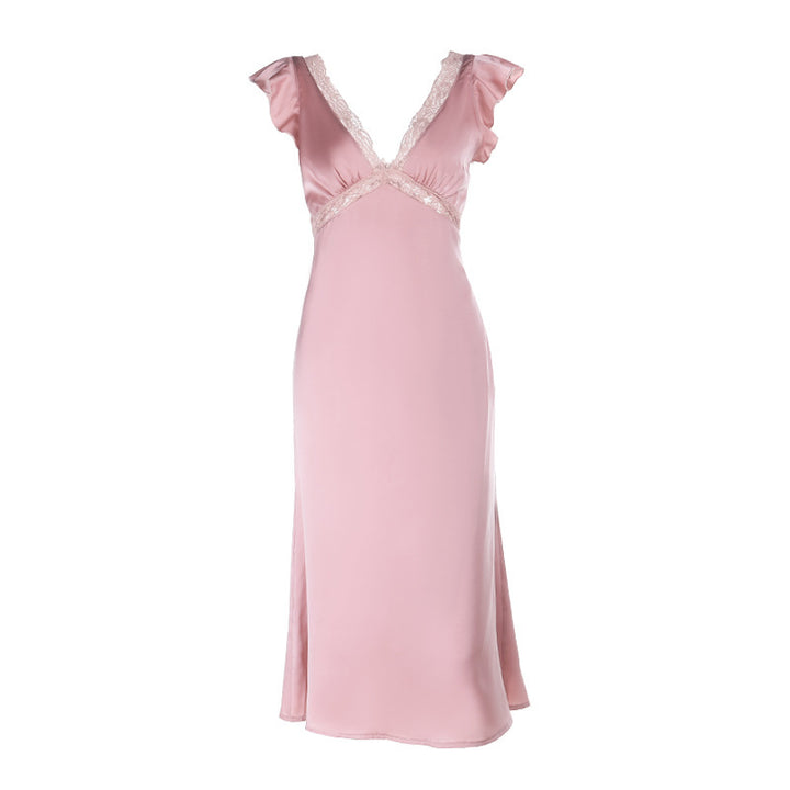 Damen Elegantes Maxikleid mit Spitzenverzierungen und tiefem V-Ausschnitt Drune
