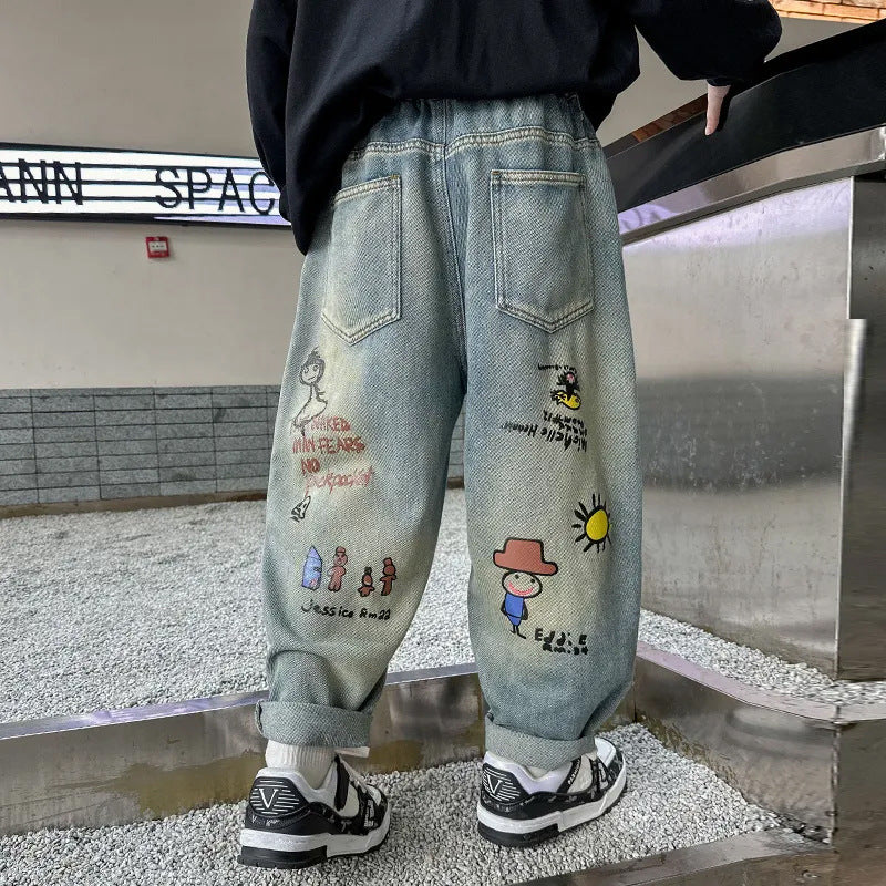 Damen lässige Baggy-Jeans mit einzigartigem Comic-Print Drune