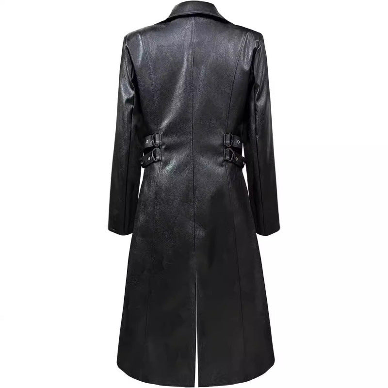Damen elegante Lederjacke mit dekorativen Schnallen Drune