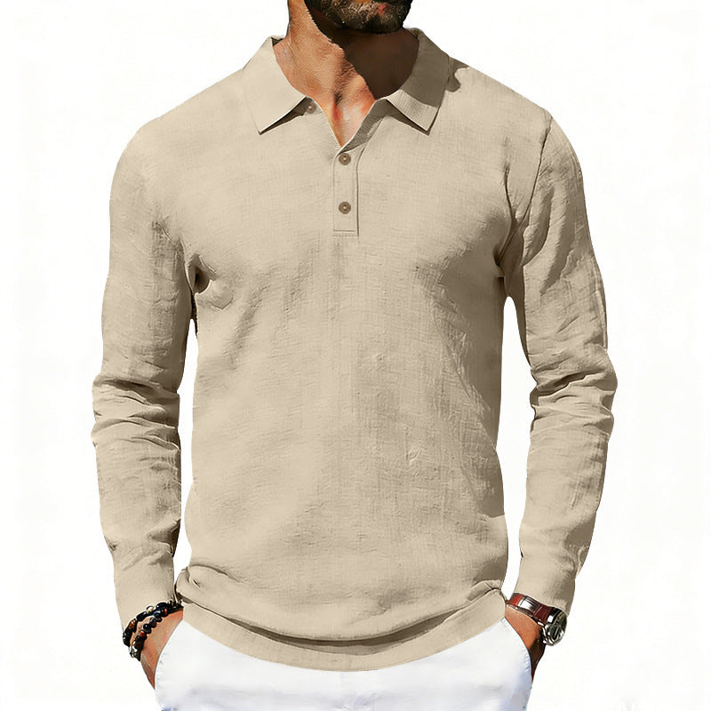 Herren nan Langarm-Poloshirt aus Leinen mit Henley-Knopfleiste und Kentkragen Drune