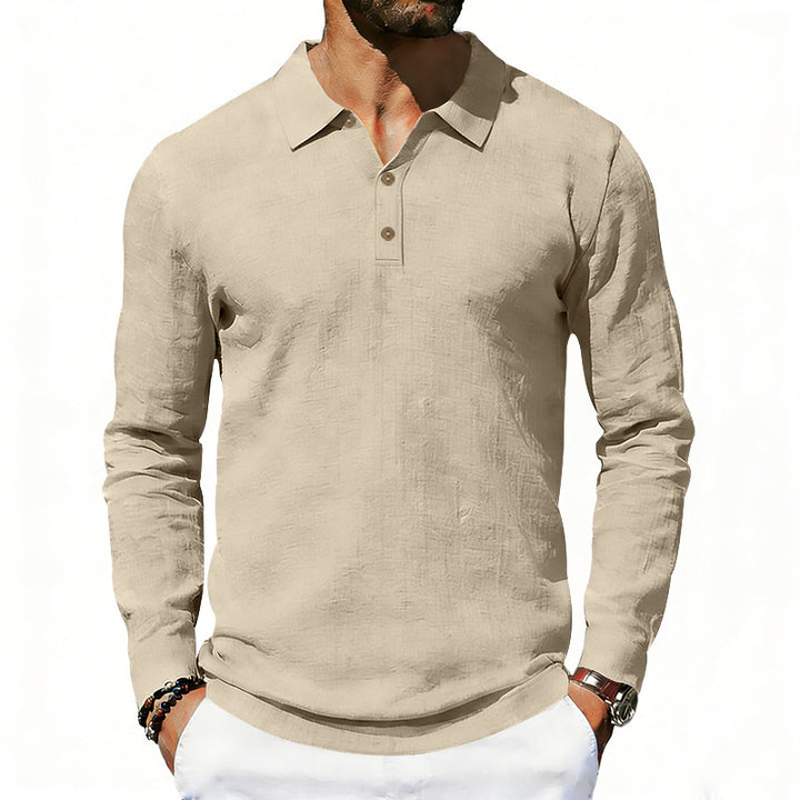 Herren nan Langarm-Poloshirt aus Leinen mit Henley-Knopfleiste und Kentkragen Drune