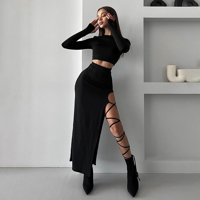 Damen elegantes Langarm-Oberteil mit hohem Bund und seitlichem Cut-Out Drune