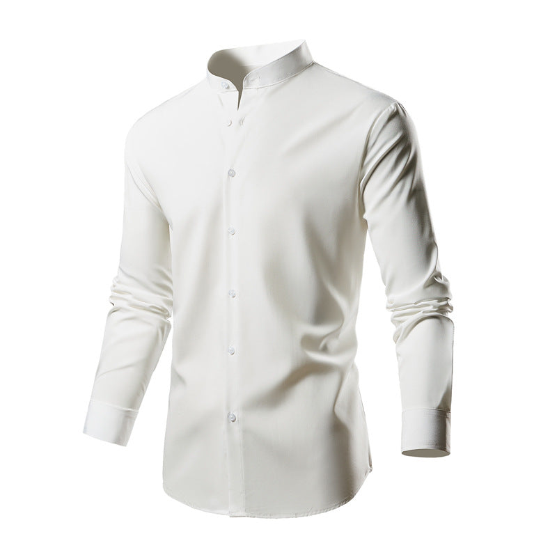 Herren elegantes Langarmhemd mit stehendem Kragen und modernen Knopfdetails Drune