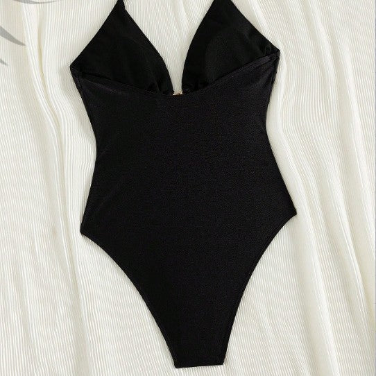 Damen Eleganter Einteiler Badeanzug mit tiefem V-Ausschnitt und glänzender Verzierung Drune