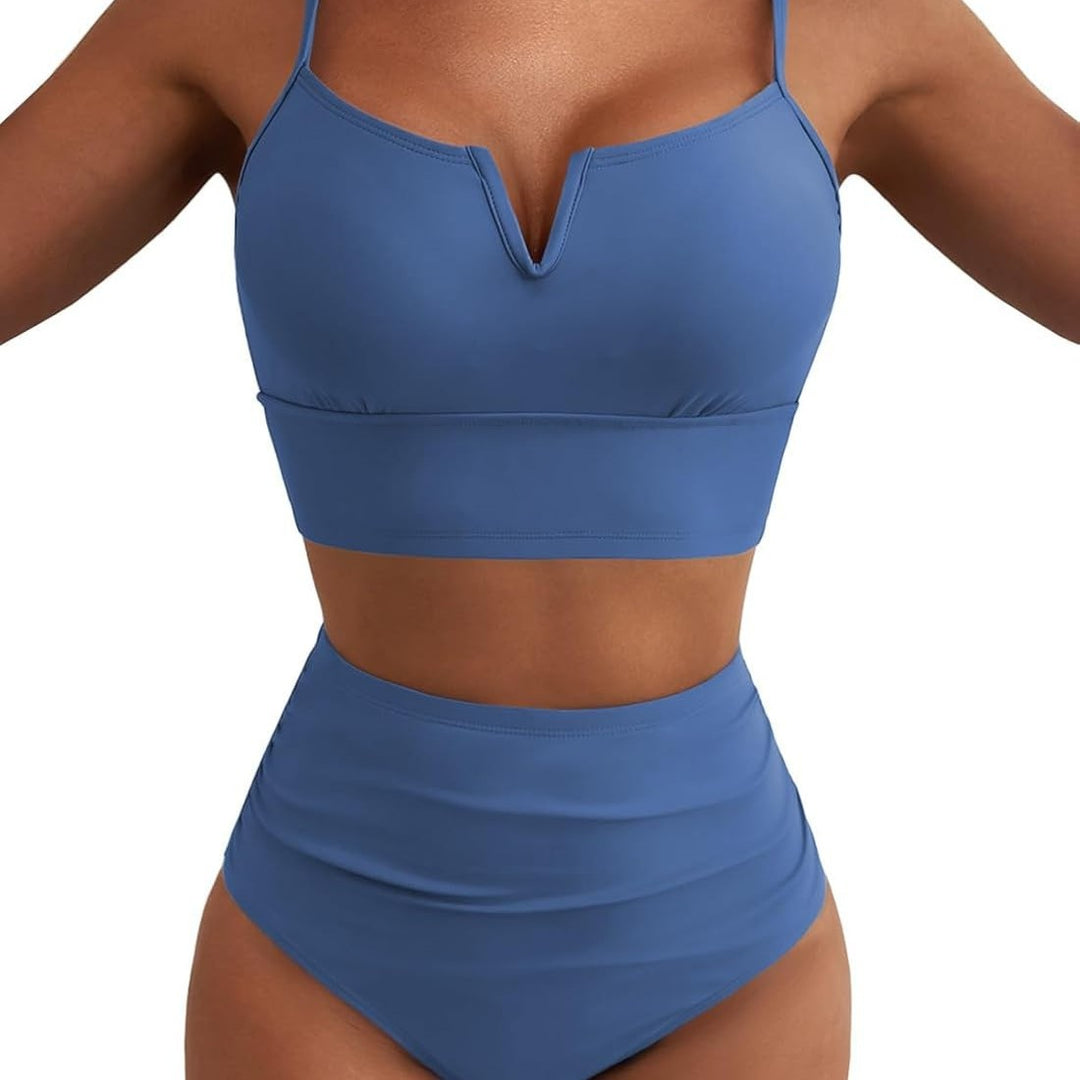 Damen Hochtailliertes Bikini-Set mit V-Ausschnitt und breiten Trägern Drune