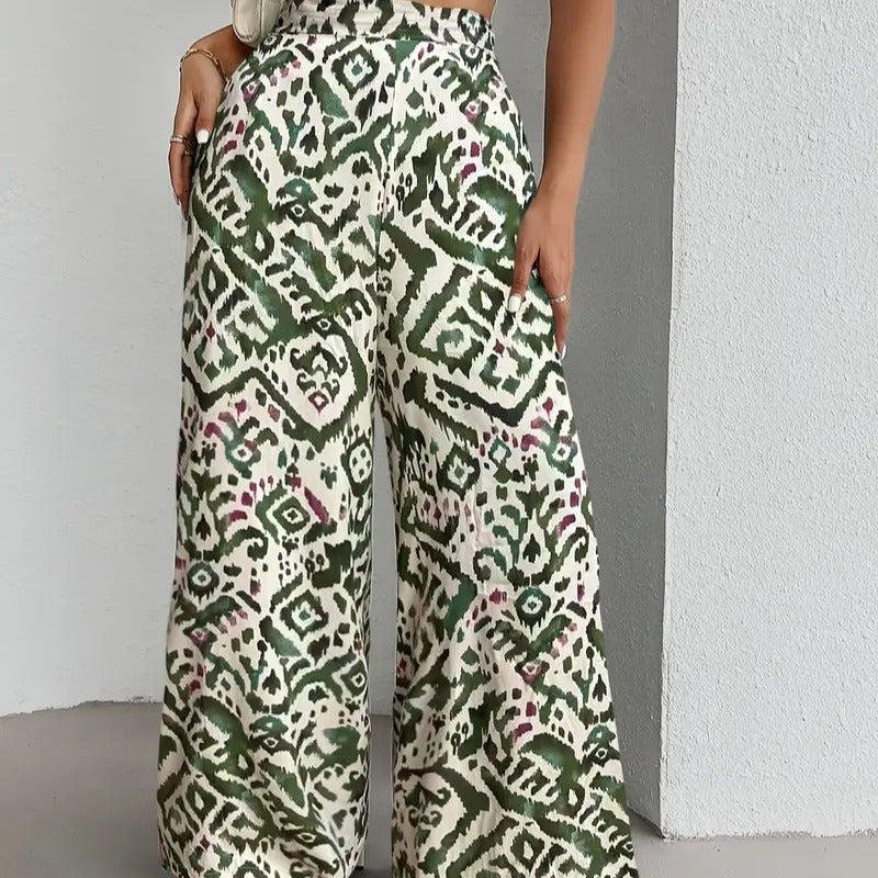 Damen Weite Palazzo-Hosen mit farbenfrohem Muster und hohem Taillenbund Drune