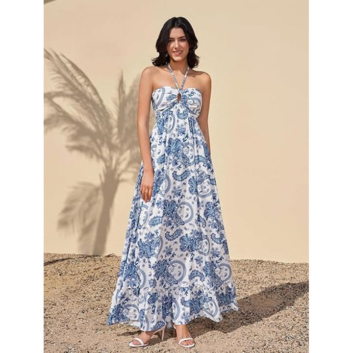 Damen Maxikleid im zeitlosen Paisleymuster mit schulterfreiem Design und voluminösem Saum Drune