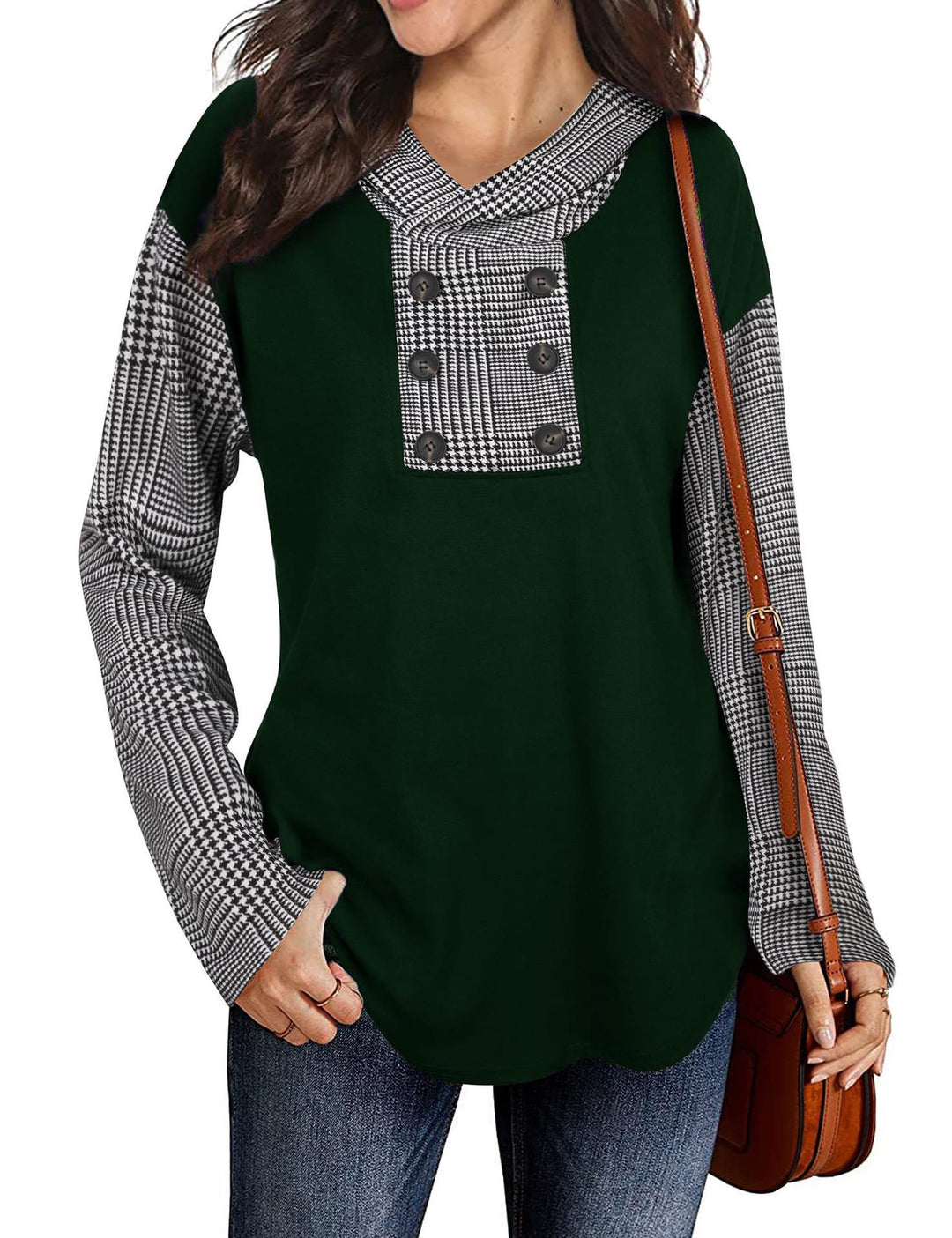 Damen Modische Sweatshirt mit Karomuster und Knopfleiste Drune