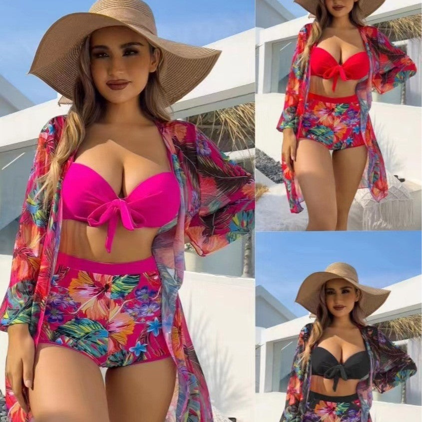 Damen Hochtailliertes Bikini-Set mit floralem Design und Bändchen Drune