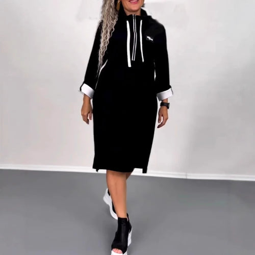Damen Kapuzenkleid mit seitlichen Taschen und modischem Farbkontrast Drune