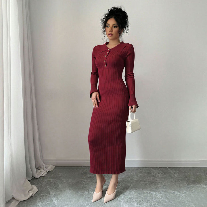 Damen Langarm-Kleid mit figurbetonendem Rippdesign und schickem Kragen Drune