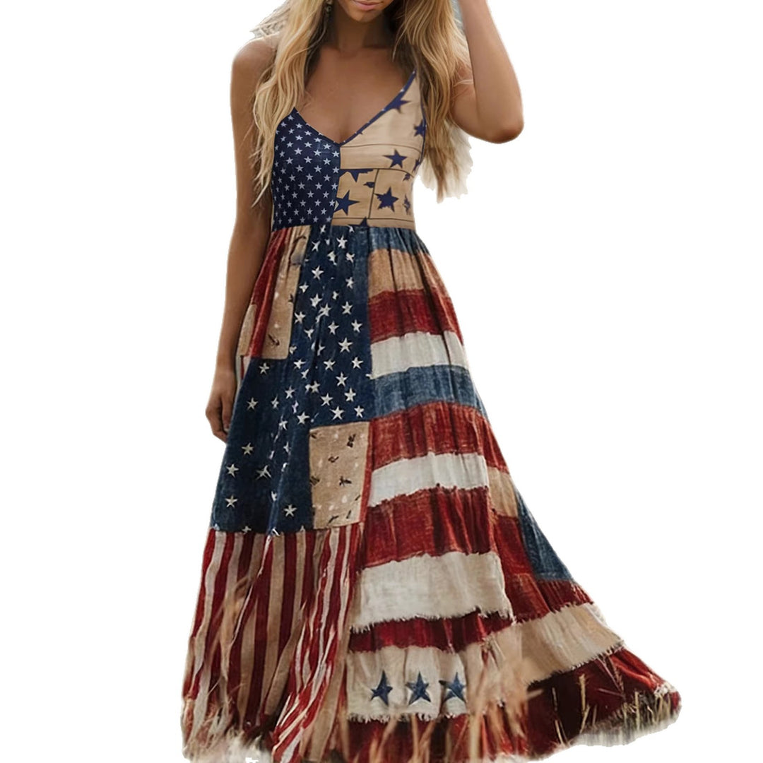 Damen Lange Sommerkleid mit buntem Patchwork-Design und V-Ausschnitt Drune