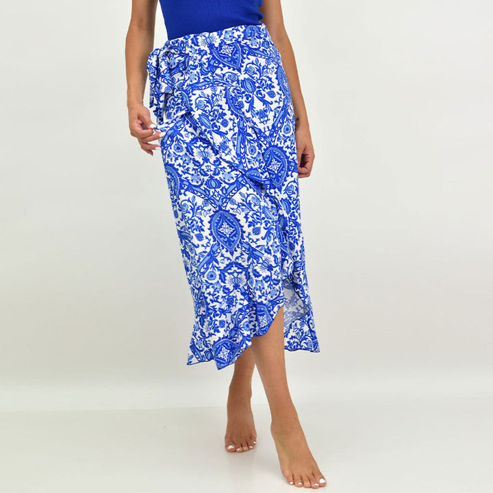 Damen eleganter Wickelrock mit floralen Akzenten und asymmetrischem Saum Drune