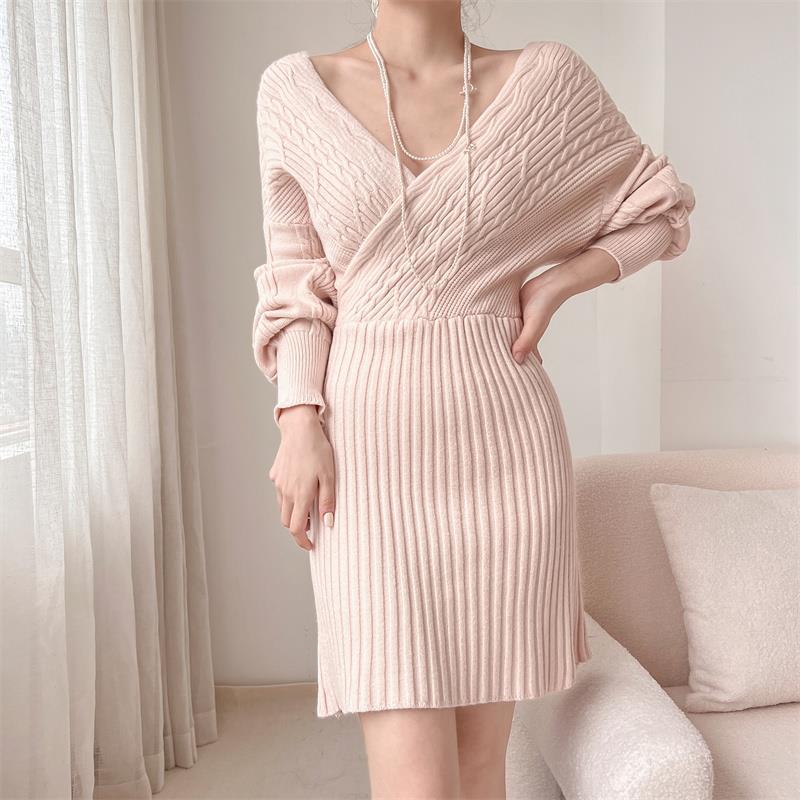Damen Elegantes Strickkleid mit V-Ausschnitt und strukturiertem Oberteil Drune