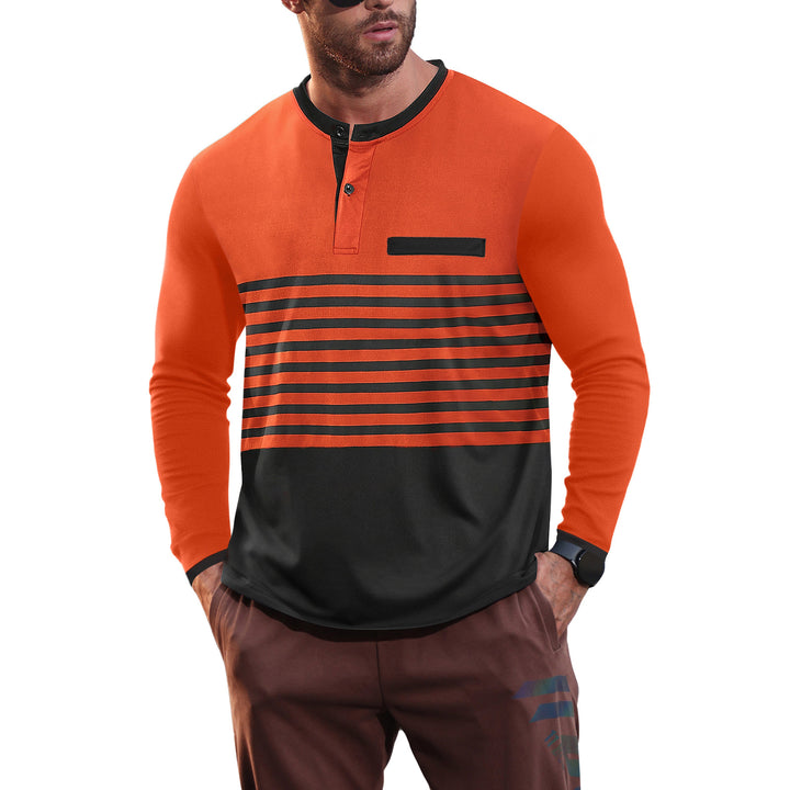 Herren nan modernes Langarm-Polo mit Henley-Blende gestreifter Brustpartie und Stehkragen Drune