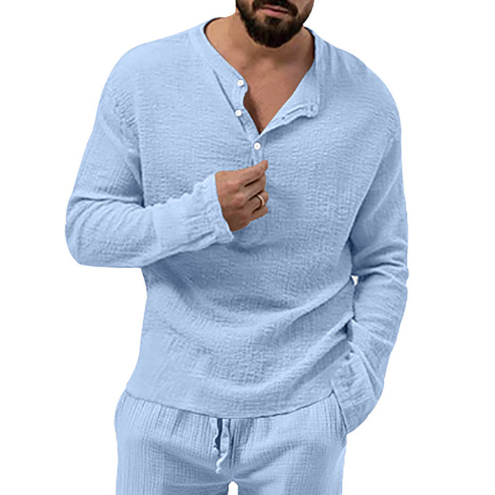 Herren nan entspanntes Henley-Set aus leichter Baumwoll-Gauze mit Kordelbundhose Drune