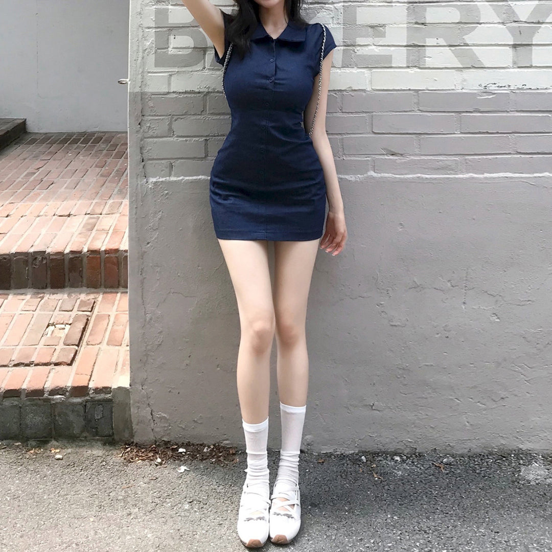 Damen Figurbetontes Hemdkleid mit kurzen Ärmeln und klassischem Kragen Drune