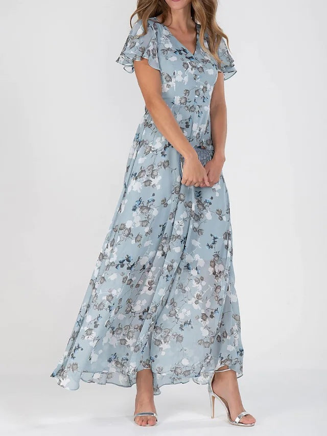 Damen Elegantes Maxikleid mit transparenten Ärmeln und floralem Muster Drune