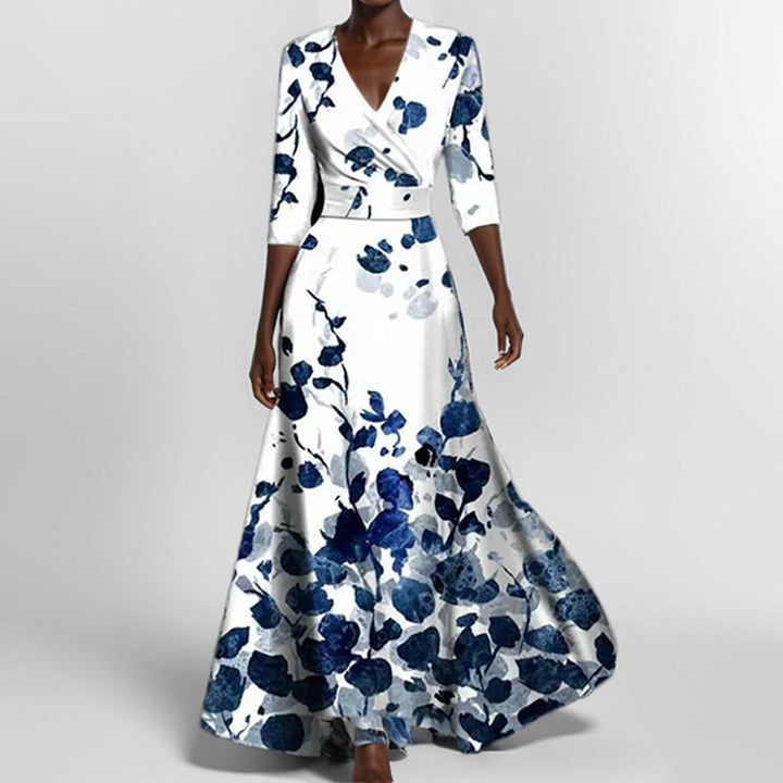 Drune | Elegantes V-Ausschnitt bedrucktes Taillenkleid mit Schößchen