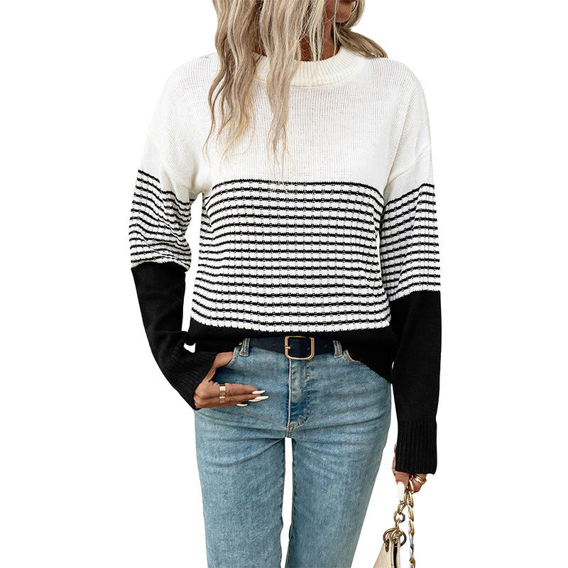 Damen lässiger Strickpullover mit gestreiften Details und weitem Schnitt Drune