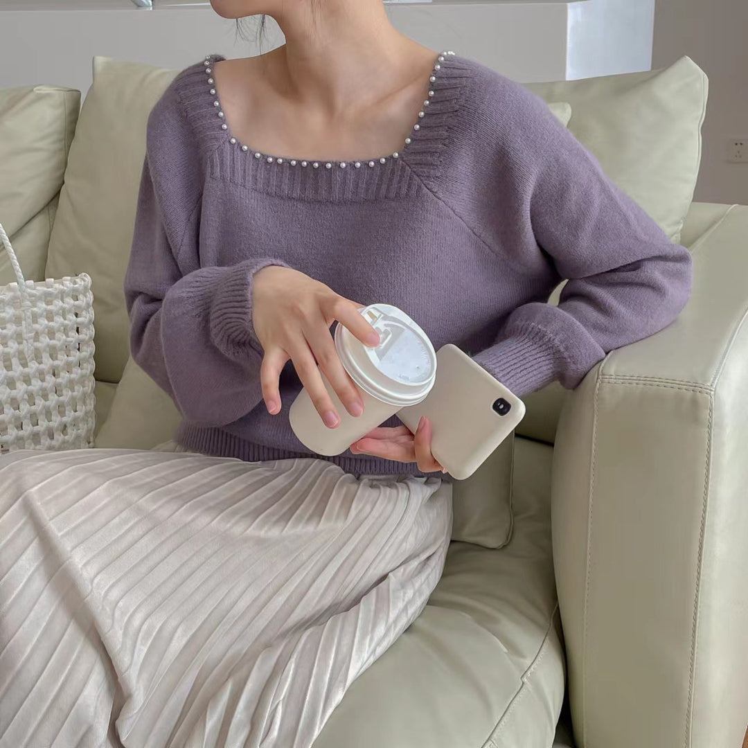 Damen lässiger Pullover mit elegantem Perlenkragen Drune