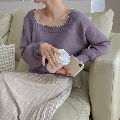 Damen lässiger Pullover mit elegantem Perlenkragen Drune