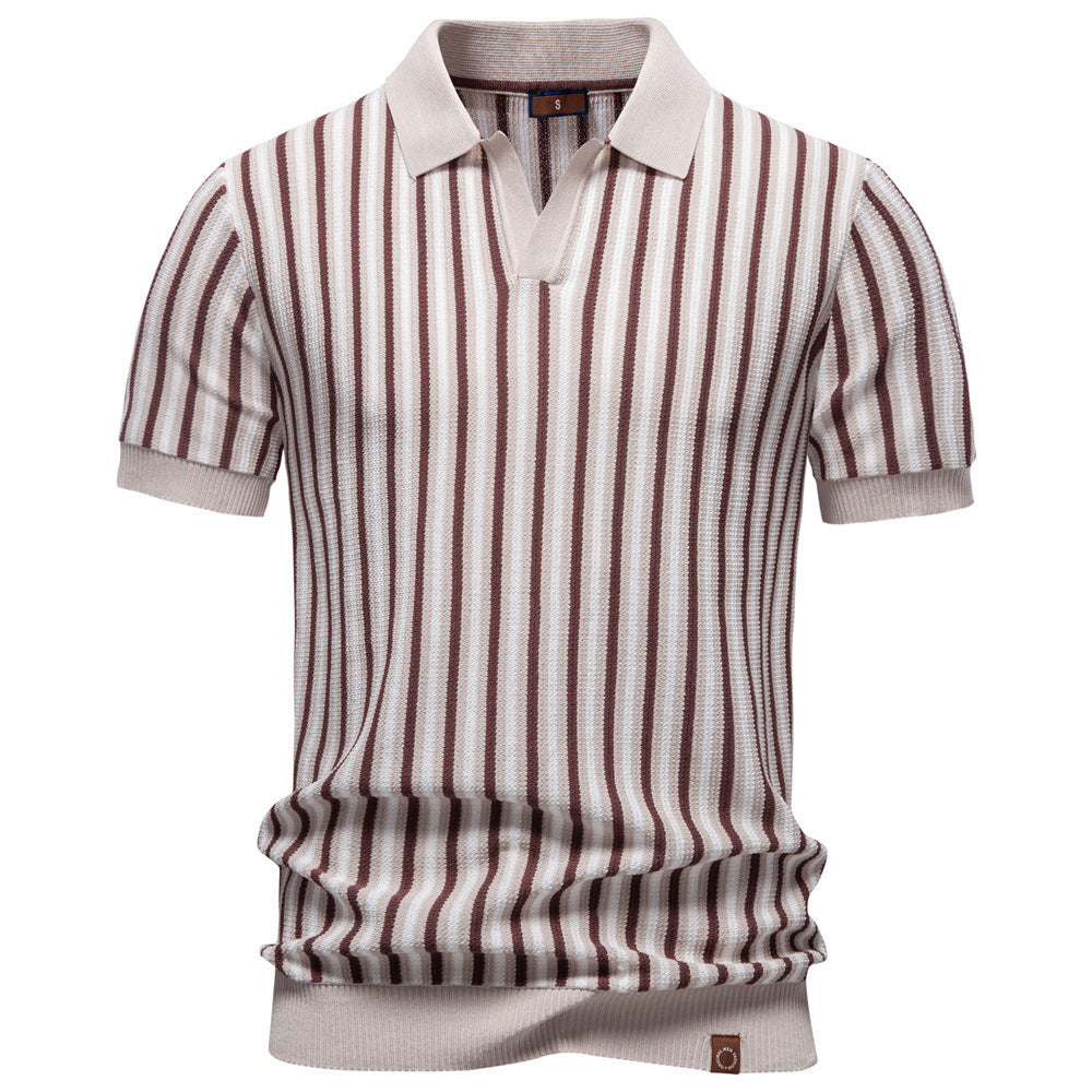 Herren nan gestreiftes Strickpoloshirt kurzarm aus feiner Baumwollmischung mit Polokragen und Rippbündchen Drune